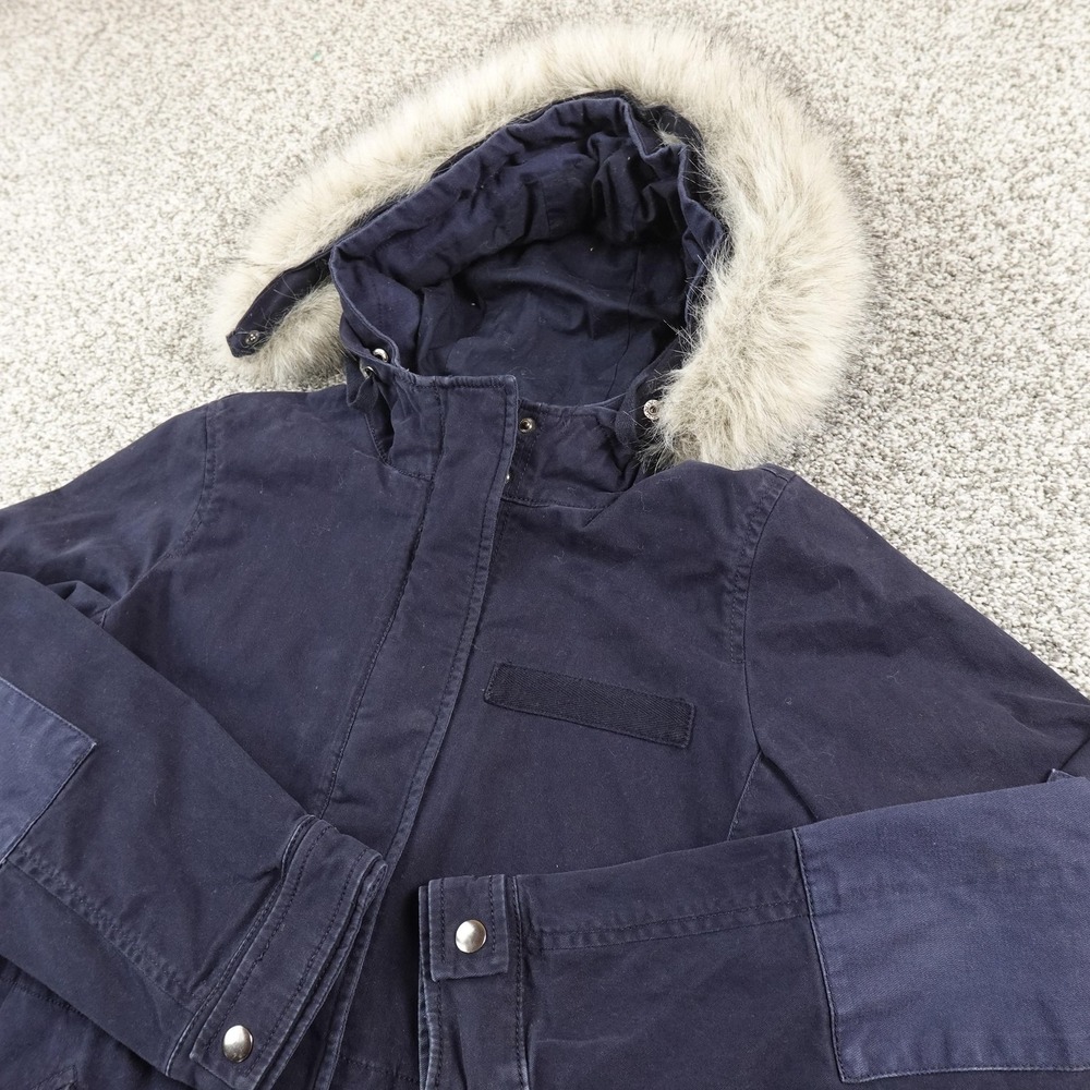 Gap Jacket Womens XS Blue Hooded Long Trench Coat Fishtail Parka Faux Fur Trim